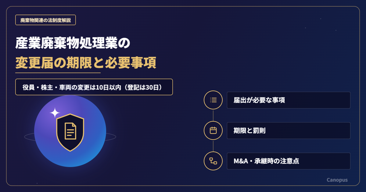 産業廃棄物処理業の変更届とは？届出が必要な事項・期限（10日/30日）・M&A時の注意点